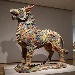 stunning colorfull intriguing large - scale clay sculpture of a mythic animal by beth cavener in museum.