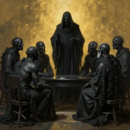 beautiful oil matte painting, black plague infected people meeting the grim reaper, wonderful masterpiece highly detailed, beautiful cinematic light deep focus, elegant, digital painting, smooth, sharp focus, golden ratio, dramatic illumination, ultra realistic, 8 k, art by salvator rosa