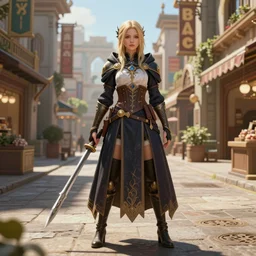 procedurally generated, epic mage girl character posing for painting, costume design from shopping mall, ancient city streets behind her, substance designer, PBR, HD, Ultra detailed, hyperrealistic, megascans, volumetric light, concept by master artist