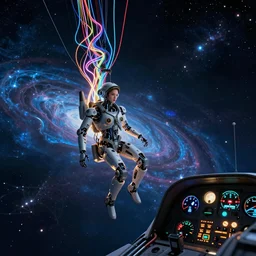 dark aeronautical theme : a beautiful robot fighter pilot is piloting, suspended by luminous intricate organic and colorful electric cables and wires and fibers to the jet cockpit with dials and lights and gauges and radar, experiencing the quantum field cinematic highly detailed realistic beautiful cosmic neural network o