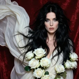 portrait of kate bush against a red velvet background, lush black hair, pale skin, white roses, flowing material, intricate, beautiful cinematic lighting, stuning painting by artgerm and caravaggio and android jones
