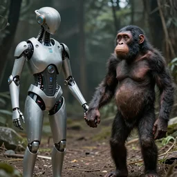 futuristic posthuman holding hands with homo habilis, award - winning photograph, hd photograph, 2 0 4 0 photograph