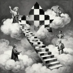A black and white freemasonic chequered surrealist digital painting of a stairway to into the clouds in the art style of jeff koons, Gilbert williams, Edwin Frederic Church and Christopher Balaskas, trending on artstation, 4k UHD