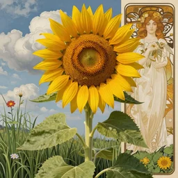 a giant sunflower reaching for the clouds, by pacino di bonaguida, by alfons mucha, by rene magritte, botanical, plant, grassy, flowers, floral, highly detailed
