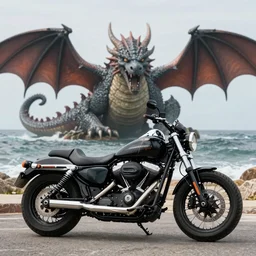 a harley davidson from 2050 parked by the ocean with dragons