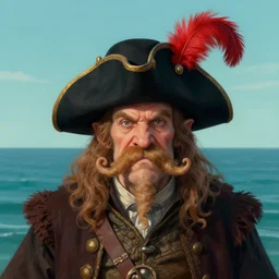 A centered portrait of a smug drunken Cthulhu bard with a curly moustache and a large musketeer hat with a red feather by Craig Mullins, HD, broad shoulders::trending on artstation::painted sea on background by Craig Mullins
