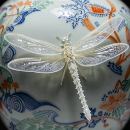 A single Close up photo-real delicate ceramic porcelain sculpture of an ornate Dragonfly detailed in front of an intricate background by Victo Ngai and takato yamamoto, micro detail, backlit lighting, face in focus, subsurface scattering, translucent, thin porcelain, octane renderer, colorful, physically based rendering, japanese pottery, trending on cgsociety