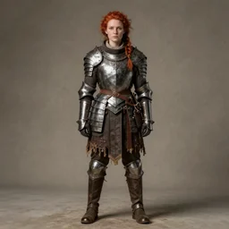 a rustic woman wearing a armor, detailed face, redhead, full body, by greg rutkowski, mandy jurgens