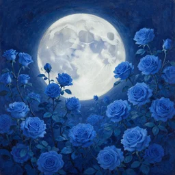 a beautiful painting of the moon fell into the blue roses bushes, greg rutkowski style, trending on artstation, - w 1 0 2 4