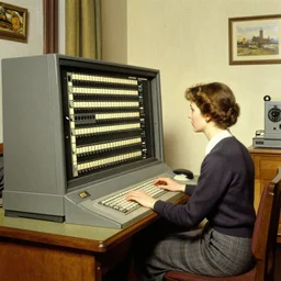 A woman using a huge analog computer that takes up an entire room , art by Norman Rockwell