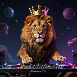 Lion with crown in DJ booth in space, synthwave