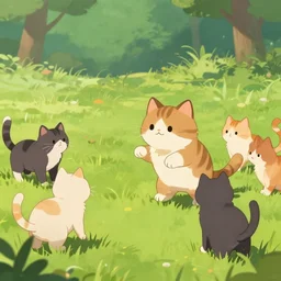 illustration of a cute cat in a battle with other cats, grassy field with trees in the background, concept art, artstation, amazing, beautiful, cinematic composition