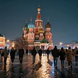 russian city, retrofuturism, crowd of people, holiday, cinematic light, long shadows, reflections, unreal engine, photorealistic, octane render