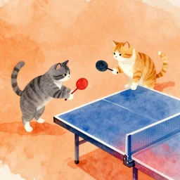 dos gatos jugando al ping pong, fondo naranja, vibrant watercolor