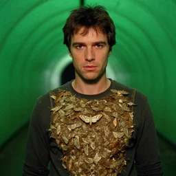 7 0 s movie still of a man with a chest full of moth in a green tunnel, cinestill 8 0 0 t 3 5 mm eastmancolor, heavy grain, high quality, high detail