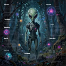 beautiful painting of an alien infographic about space, forestpunk, neon lights, moody atmosphere, epic composition, dramatic lighting, trending on artstation, octane render, by stanley kubrick