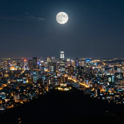 view of a city from a top of a mountain, city lights, night sky, big moon, photography, award winning, high quality, 8 k
