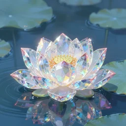 a painting of a crystal lotus in an iridescent lake by yusuke murata and makoto shinkai, cel shaded, unreal engine, highly detailed, iridescent, illustration, artstation, pixiv, reflective, volumetric lighting, soft glow, vibrant, sharp