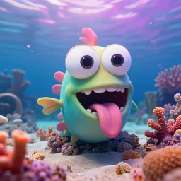colorful cloudy deep sea under water with strange cute friendly happy creatures with huge eyes, mouth, long tongue and round teeth appearing from sandy coral, 3 d render, realistic lights, rtx, unreal engine 5