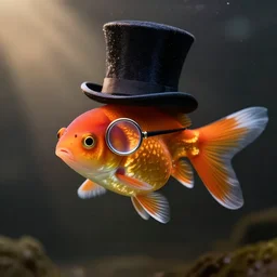 photograph of a goldfish with a top hat and a monocle