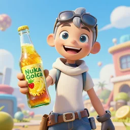 happy zarya holding a bottle of delicious pineapple, cherry & banana flavoured nuka cola, post apocalypse, unreal engine, retro futurism, dieselpunk, 3 d art, concept art, highly detailed, pop art, by artgerm and jakub rozalsky