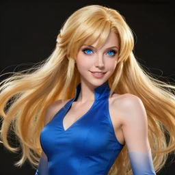 an insanely detailed realistic depiction of samus aran, flowing golden blonde hair, sapphire blue eyes, perfect makeup, perfect teeth, wearing lovely blue dress, in the style of peter mohrbacher, artgerm, dramatic lighting and composition, octane render, trending on artstation, concept art 8 k