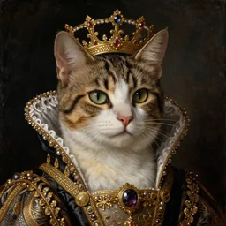 a renaissance portrait painting of a cat queen. cat head. cat face royalty