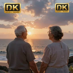 an old man and old woman celebrate their anniversary and life watching the sunrise over the sea, digital art, 4 k,