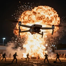 detailed dji mavic flying over exploding troops, photo, kodak portra 4 0 0, direct flash, cinematic lightning, anti aliasing,