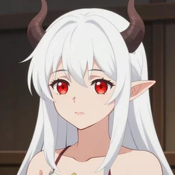 white hair, red eyes, two small horn on the head, anime style, anime girl, thin elf ears
