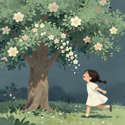 a tree that grows around and protects a running girl, the girl cries and her tears feed the tree so it grows beautiful flowers, painting with soft colors, dark optimism