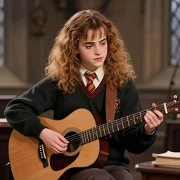 Hermione Granger/Emma Watson wearing a black sweater, playing a guitar, in the Gryffindor common room, digital art by Greg Rutkowski