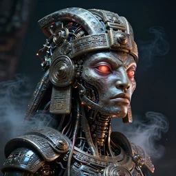 futuristic steampunk alien portrait, ancient mayan, mechanical internals, smoke, exposed wire sparks, hyper realistic shiny textures, 8 k, intricate details, fluorescent glow, science fiction space horror, unreal engine, dark, heavy shading