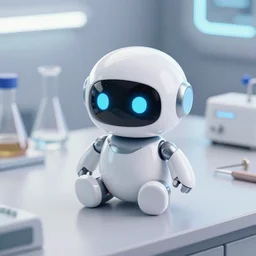 a cute rounded tiny harmless robot, made out of shiny white metal, sitting on a lab table, surrounded by lab tools, 3 d hyper realistic render, white neon lighting, pixar style, futuristic, science fiction, high angle close up shot, macro, technologic
