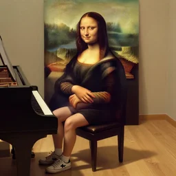 a young woman wearing a short dress and sneakers playing the piano!, looks like mona lisa, sharp focus, hyper realistic, centered, extremely detailed, long shadows, wide shot!, a painting by leonardo da vinci