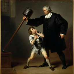 a dramatic oil painting of a little man trembling with fear in the shadow of a massive judge hammer above him, art by franz xaver winterhalter, highly detailed, dramatic lighting, romanticism, rococo, neoclassicism, 1 8 5 0 s style painting, oil on canvas, vivid