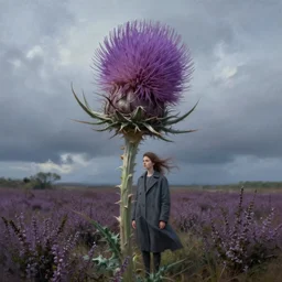portrait, enormous thistle flower head, girl wearing a coat in heather a field, surreal photography, wind and cold, dramatic sky, impressionist painting, digital painting, artstation, simon stalenhag