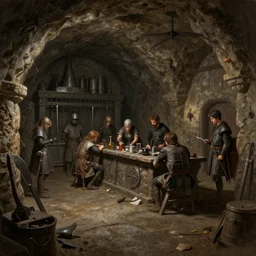 a beautiful hyper realistic detailled matte painting of a decrepit mediaval armory in an underground crypt, by john howe and moebius and bastien lecouffe deharme and andreas rocha, trending on artstation