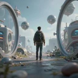 a human in a superposition, trying to travel the multiverse, 4k wide lenses photograph, unreal engine 5 full rendering, depth of field, 3D
