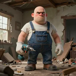 grumpy chunky bald handyman with power drill appendages, in a wrecked home, full body, hyperrealistic digital art masterpiece, highly detailed neo pop surrealism, jason limon kay sage hannah yata, dramatic lighting, low angle, uhd 8 k, sharp focus
