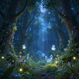 A beautiful lush magic mana forest, night sky with dazzling stars, fairies, fireflies, bokeh, octane render, unreal engine, raytracing, crystallized, intricate, hyper detailed, light rays.