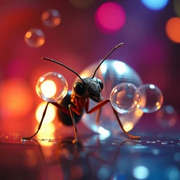 a photorealistic closeup image of an ant blowing bubbles at a disco. disco ball. brightly lit. extreme detail. 4 k hd unreal engine