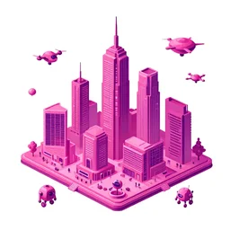 solar punk city, stylized, minimalist, drones and robots, magenta colours, illustration, professional, high quality, vector, 3 d, flat