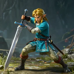 breath of the wild zelda holding the master sword in a fighting stance, harsh lighting, extra detailed, WLOP