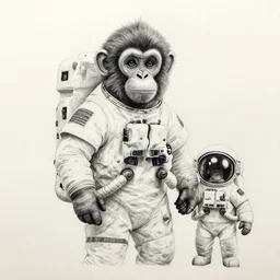 pencil art, portait, highly detailed, epic, astronaut monkey holding hands with astronaut.