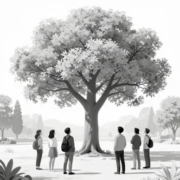 a group of people in a park staring up at a gigantic tree, professional monochromatic artwork