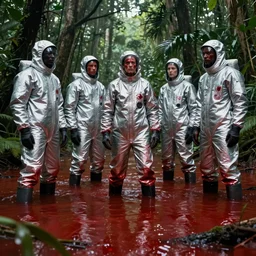 a wide lens photo of scientists in a silver suit in the jungle, the ground is flooded with red blood, award winning photograph, sci - fi horror, highly detailed