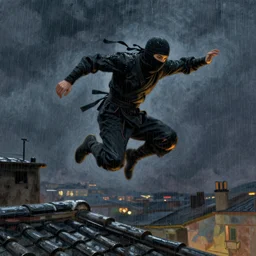 a ninja jumping from the roof on a rainy night by joaquin sorolla, syd mead, boneface