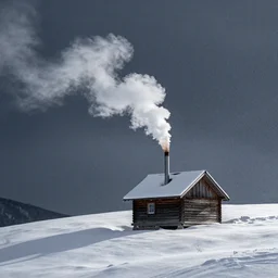 a cabin on a hill, snowstorm, winter, smoke rising from the pipe, by alex andreev, landscape, high contrast, digital, complementary colors