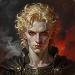 oil painting of a pale menacing prince with fluffy blond curls of hair and piercing eyes, genetically augmented super soldier, with soft red color and black color luminous eyes, against a hellish background with vapor and a lot of smoke, darkart, hyperdetailed, hyperealistic, cinematography, 16k, 3D, Artstation, Deviantart, very beautiful